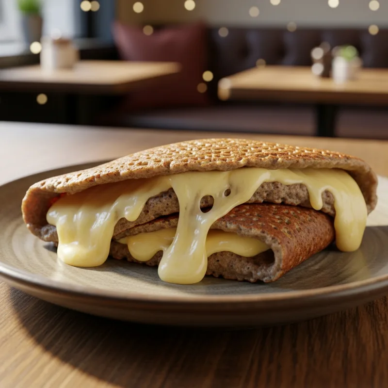 A warm Double de Binche buckwheat pancake filled with melted cheese on a rustic plate