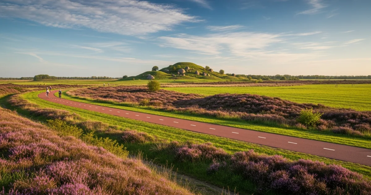 Panoramic view of Drenthe landscape with cycling path, heathland, and Hunebedden