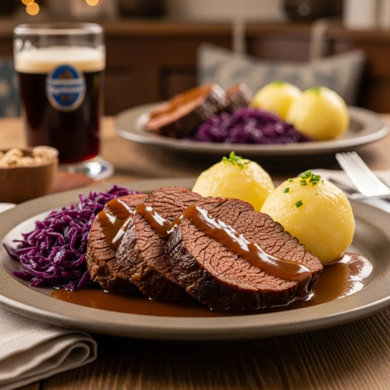 A plate of traditional Dresdner Sauerbraten with red cabbage and potato dumplings
