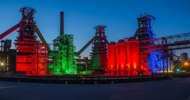 Duisburg 11 Illuminated blast furnaces at Landschaftspark Duisburg-Nord at twilight