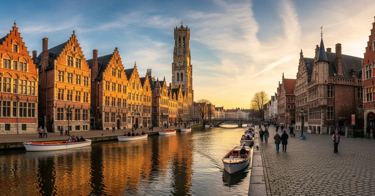 Historic guildhalls reflecting in the Leie river at Graslei and Korenlei in Ghent