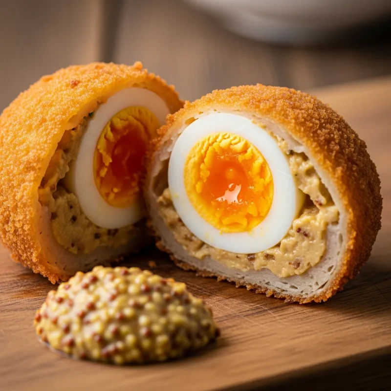 A freshly cut Eierbal revealing its egg and ragout filling, served with mustard.