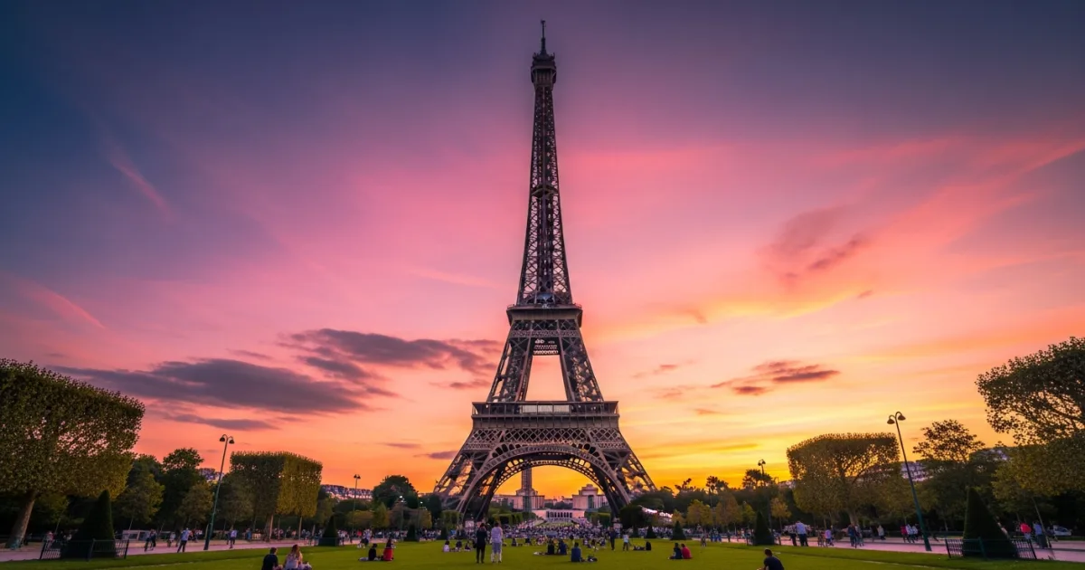Travel Guides 9 The Eiffel Tower at sunset with vibrant sky colors