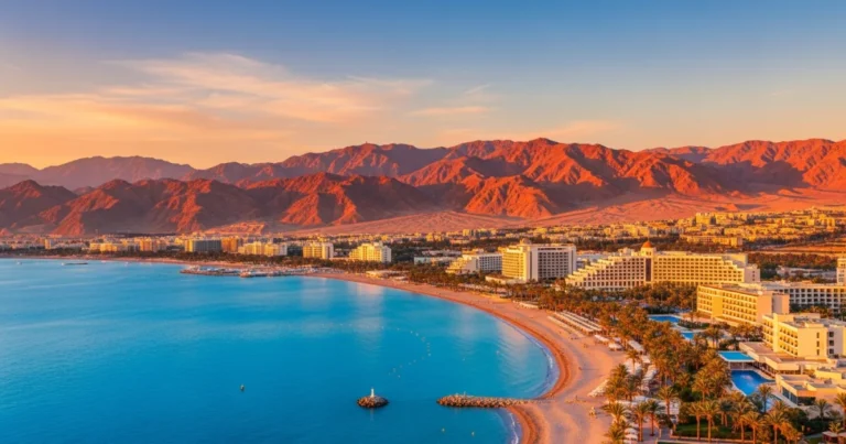 Eilat 1 Panoramic view of Eilat coastline and the Red Sea at sunset