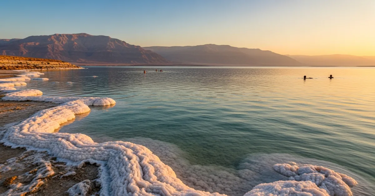 Scenic view of the Dead Sea at Ein Bokek with white salt formations and the Judean Desert mountains in the background.