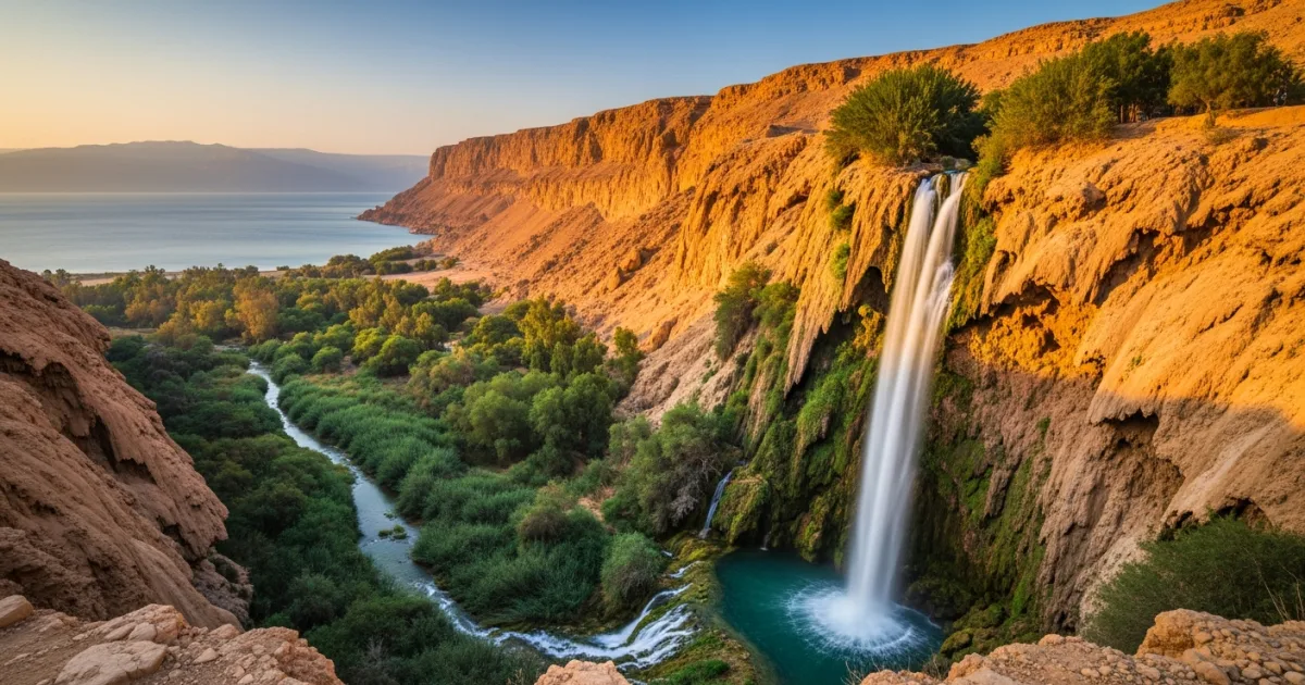 Lush green oasis and waterfall at Ein Gedi with the Dead Sea in the background.