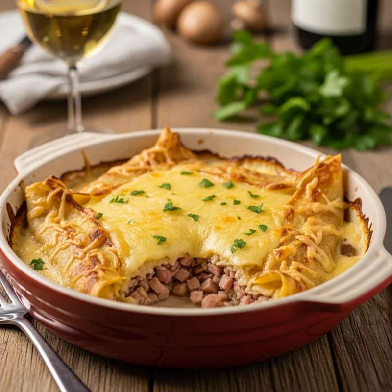 A freshly baked Ficelle Picarde in a rustic dish