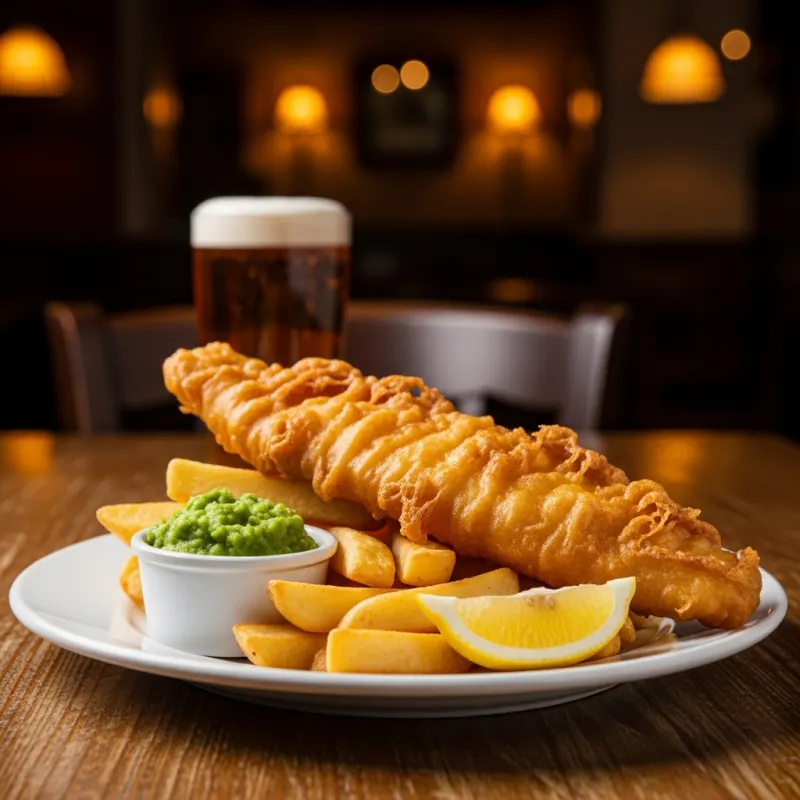Traditional British Fish and Chips with mushy peas
