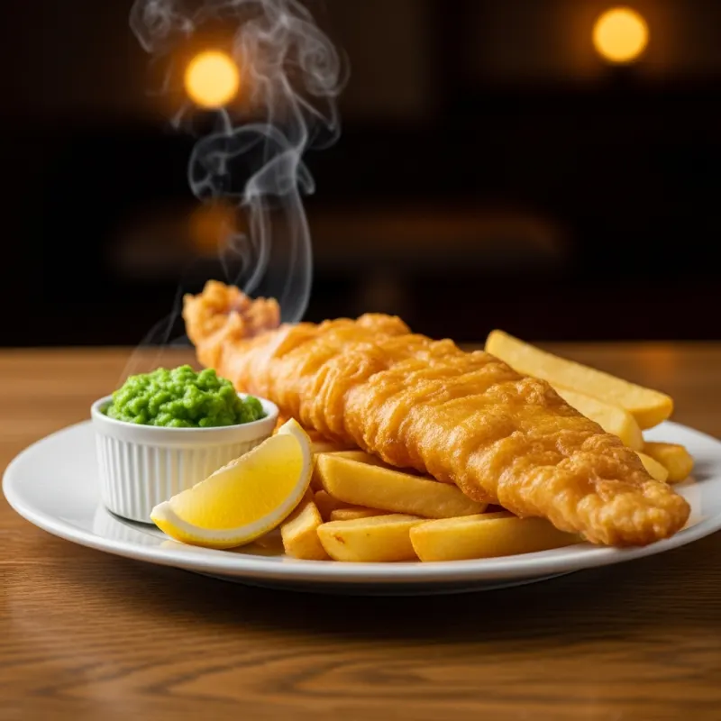 Traditional British Fish and Chips with mushy peas