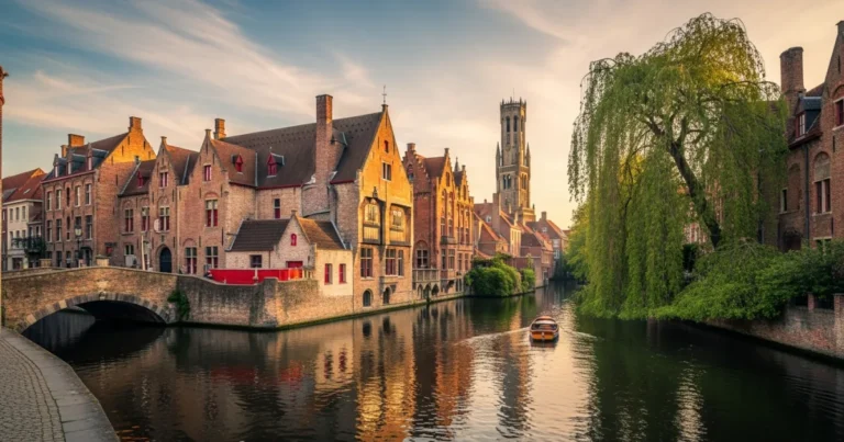Flanders (Belgium) 5 Scenic view of a canal in Bruges, Flanders with medieval architecture at sunset