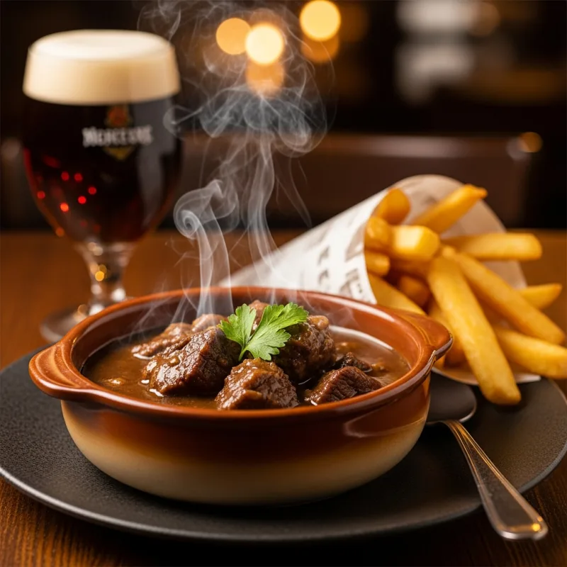 A bowl of traditional Flemish Stew with Belgian frites
