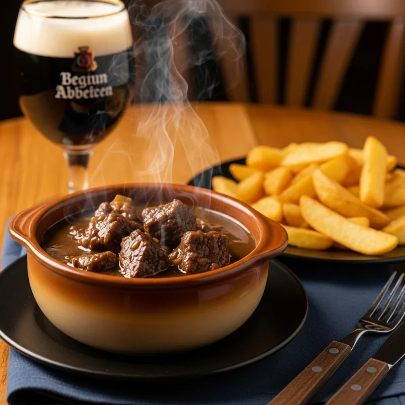 A bowl of traditional Flemish beef stew served with Belgian fries