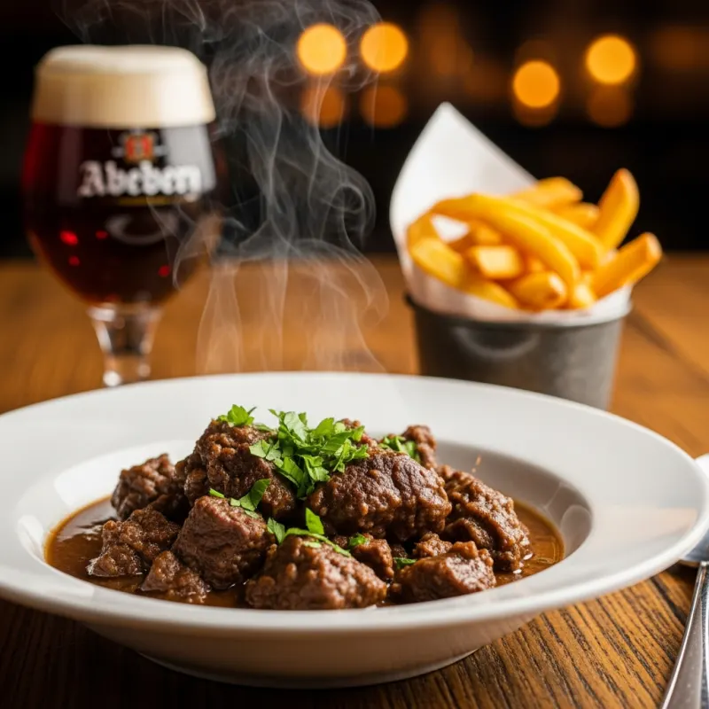 A bowl of traditional Flemish beef stew served with Belgian fries and a glass of beer