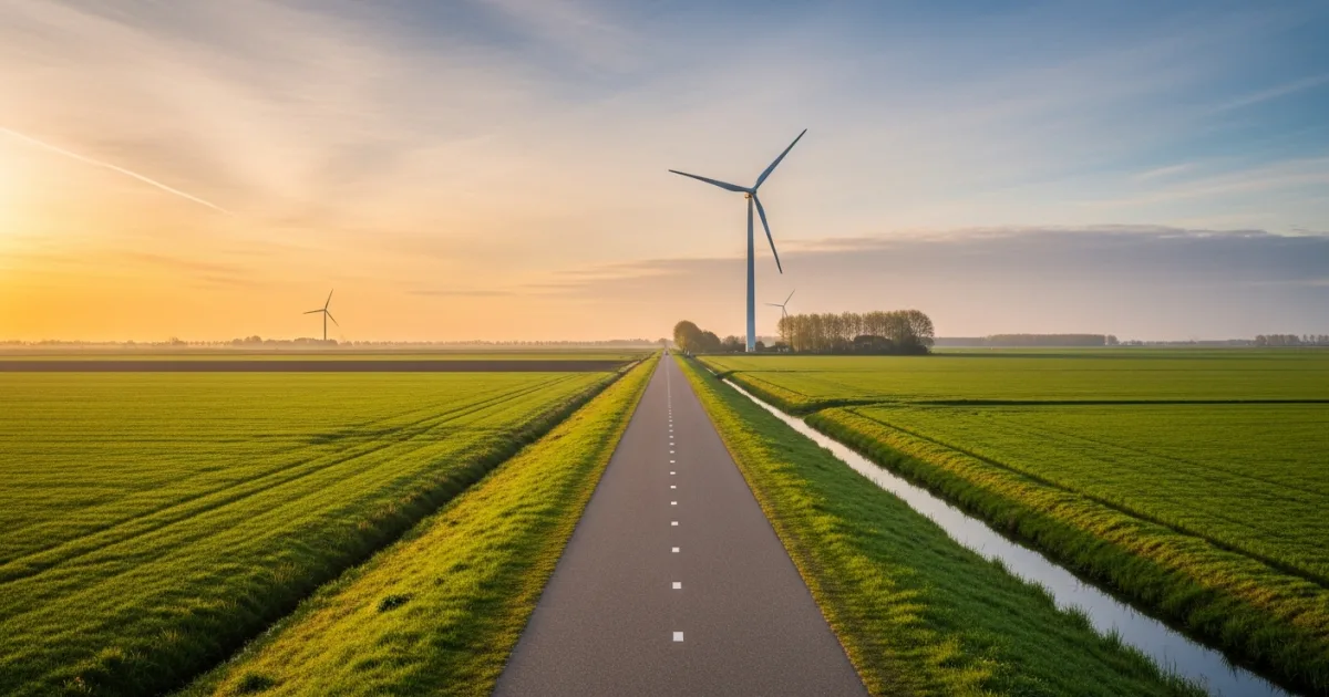 Panoramic view of Flevoland's polder landscape with cycling path and wind turbine at sunrise