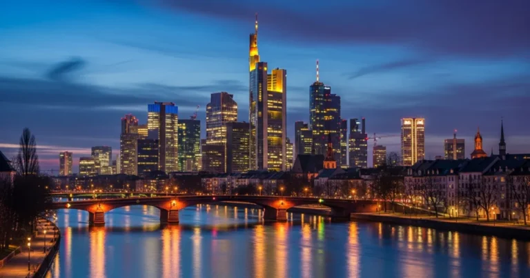 Frankfurt 5 Frankfurt skyline at twilight with the Eiserner Steg bridge in the foreground