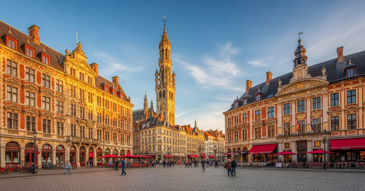 Panoramic view of the Grand Place in Lille featuring Flemish Renaissance architecture