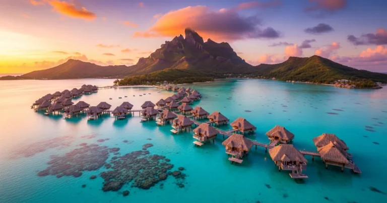 French Polynesia 3 Aerial view of overwater bungalows in Bora Bora, French Polynesia at sunset