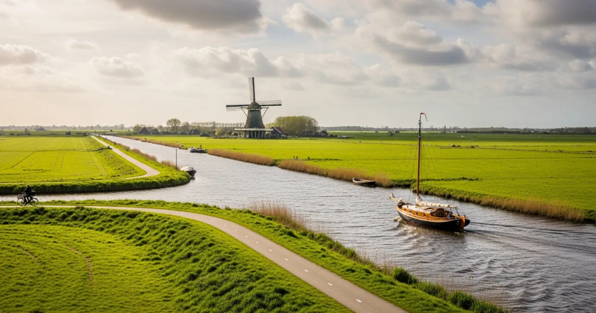 Scenic view of a canal and windmill in Friesland, Netherlands