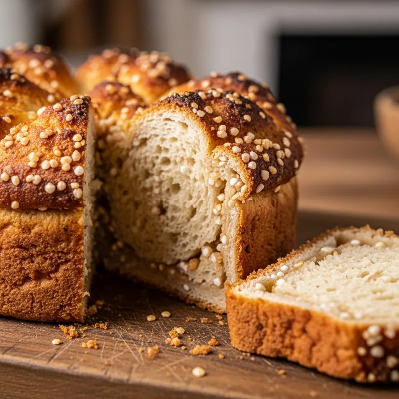 A slice of Fryske Sûkerbôle, a sweet Frisian sugar bread, on a wooden board.