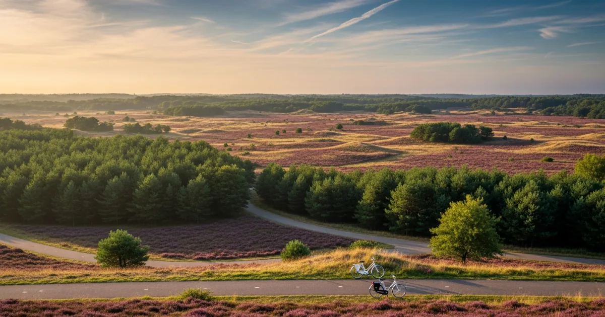 Panoramic view of Hoge Veluwe National Park in Gelderland, Netherlands, with heathlands and cycling paths.
