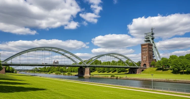 Gelsenkirchen 3 Scenic view of Nordsternpark in Gelsenkirchen featuring the historic coal mine tower and canal bridge