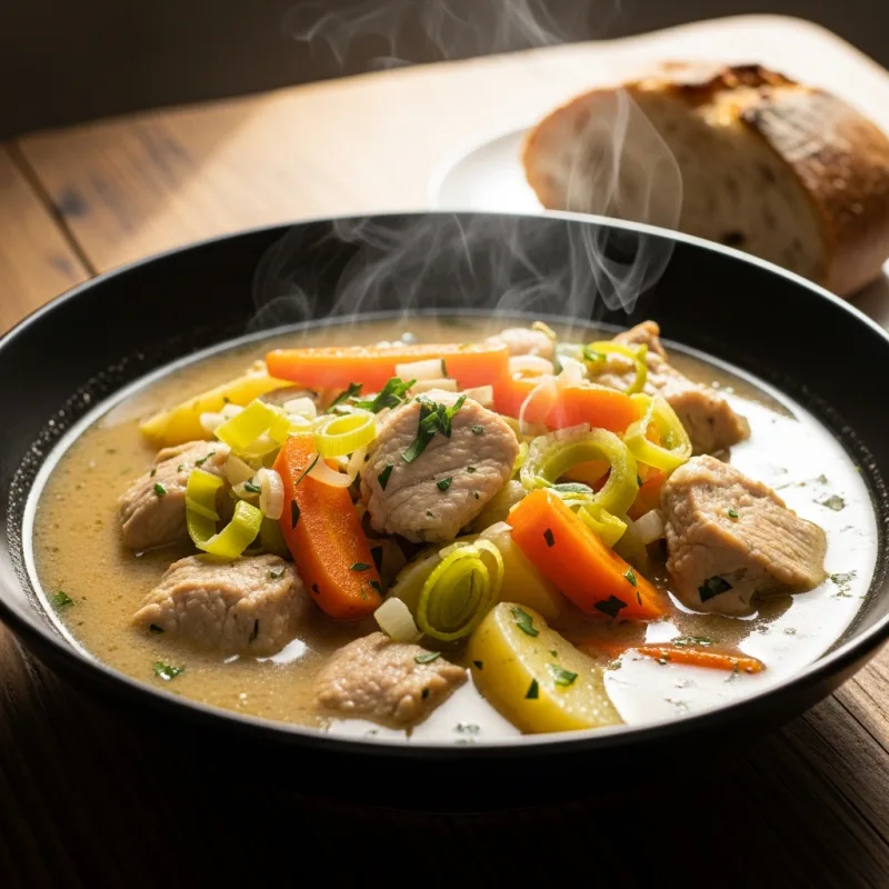 A bowl of traditional Gentse Waterzooi stew with chicken and vegetables