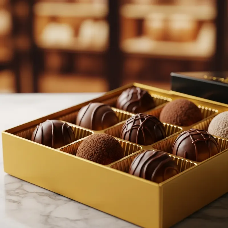 A gold box filled with assorted Godiva chocolate truffles