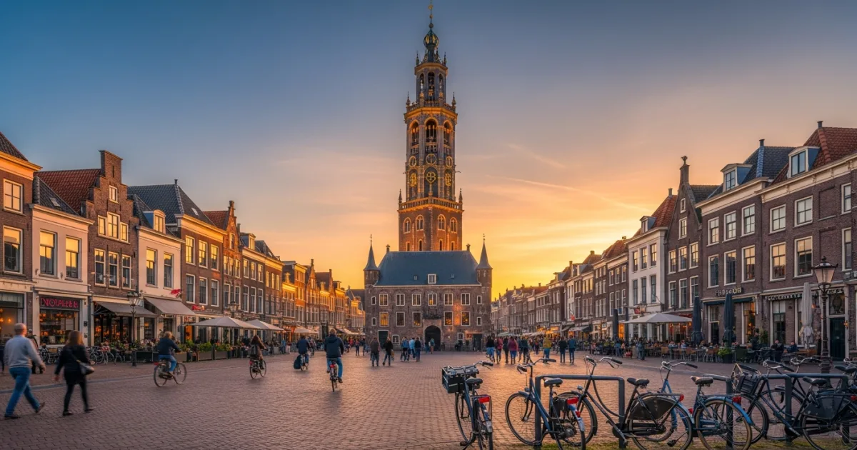 Grote Markt in Groningen with Martinitoren at sunset
