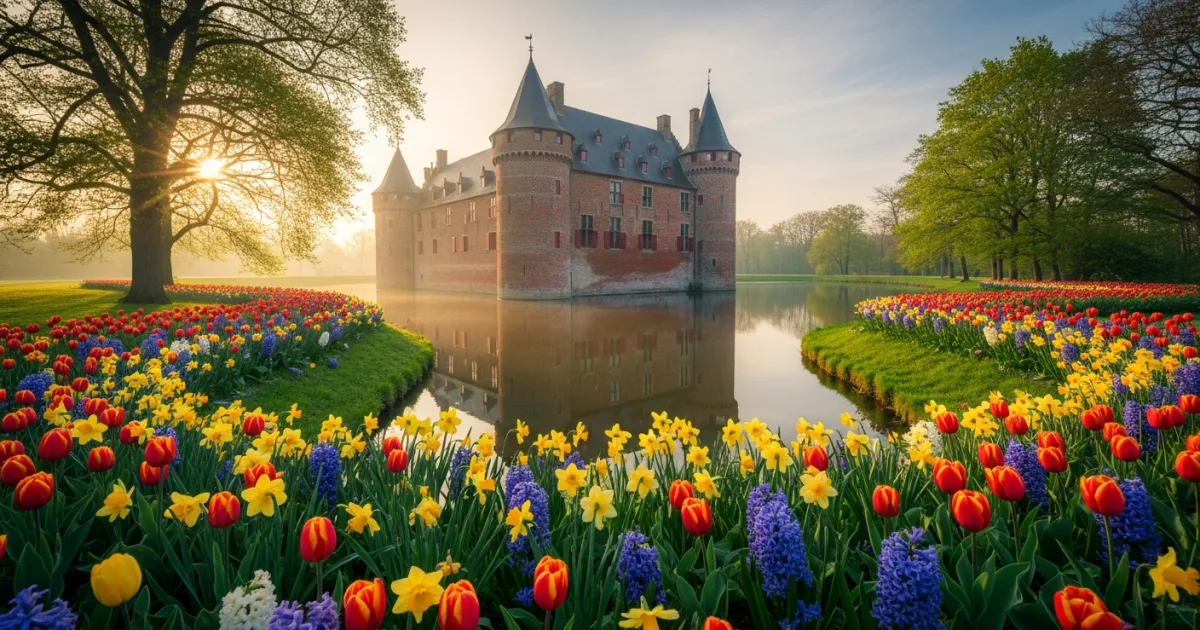 Groot-Bijgaarden Castle surrounded by blooming spring flowers