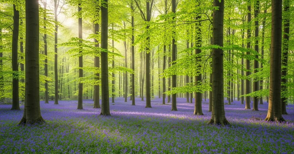 The magical Hallerbos forest in Halle covered in blooming bluebells