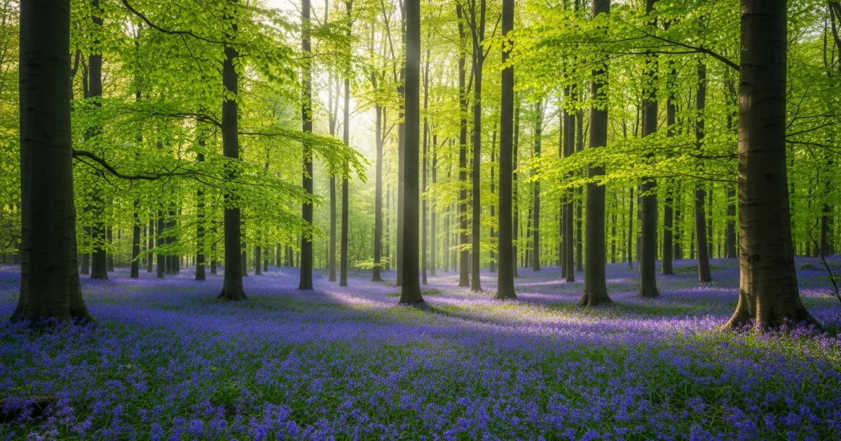 Sunlight filtering through beech trees onto a carpet of blooming bluebells in Hallerbos