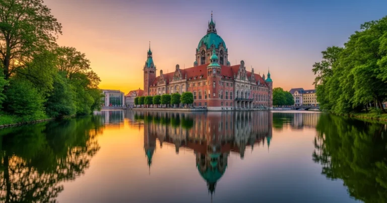 Hanover 3 The New Town Hall in Hanover reflected in the Maschteich lake at sunset.