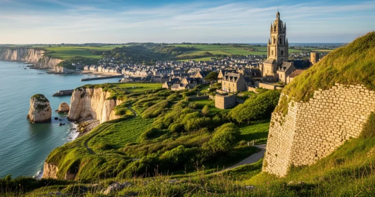 Hauts-de-France 1 Scenic view of Hauts-de-France with Opal Coast cliffs, a historic belfry, and rolling countryside at golden hour.