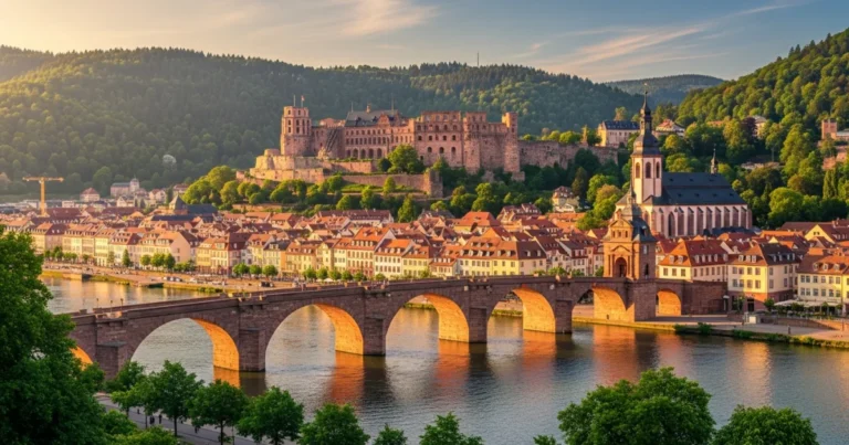 Heidelberg 3 Panoramic view of Heidelberg Castle, the Old Town, and the Neckar River at golden hour