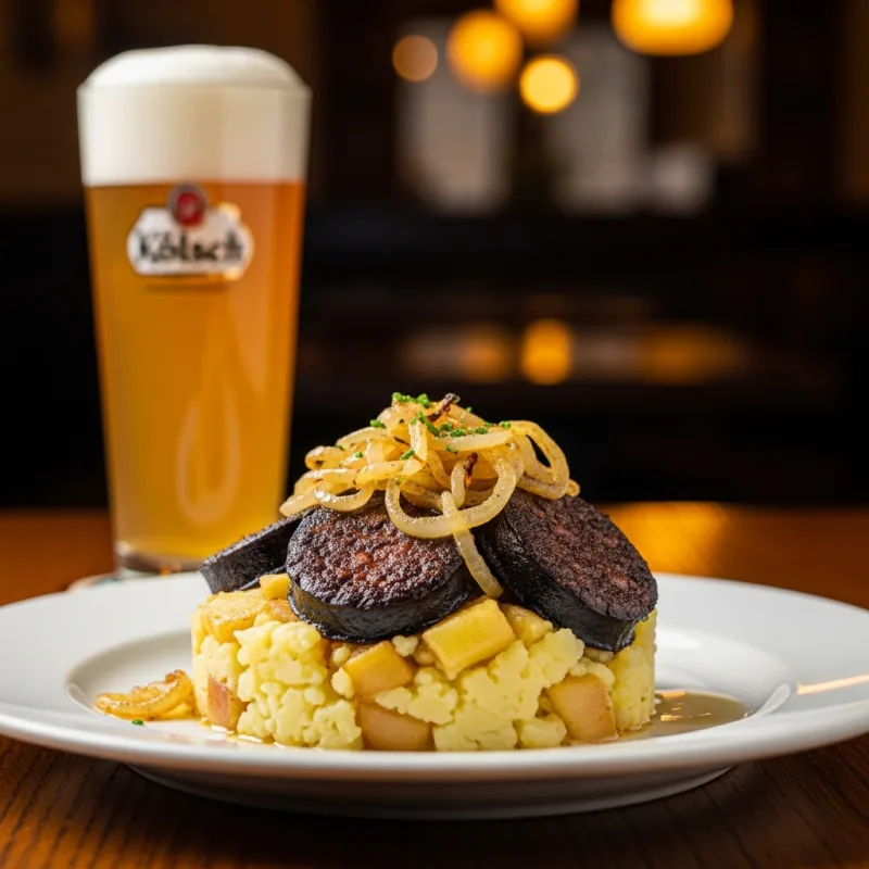 A plate of Himmel un Ääd with mashed potatoes, apples, black pudding, and onions