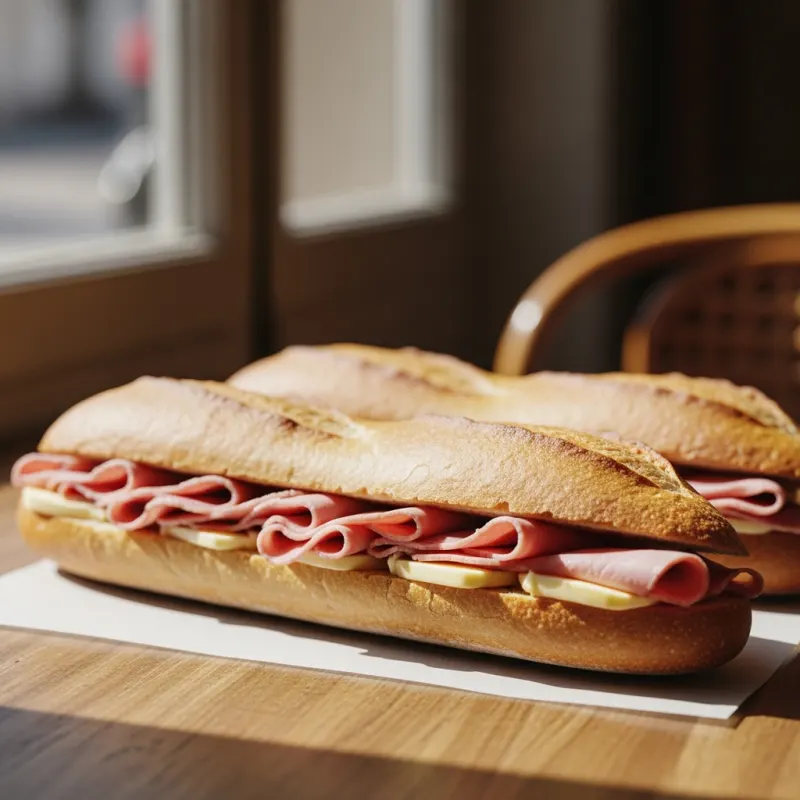A classic French Jambon-Beurre sandwich on a crusty baguette