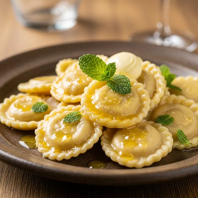 A plate of traditional Kärntner Kasnudeln with brown butter and mint
