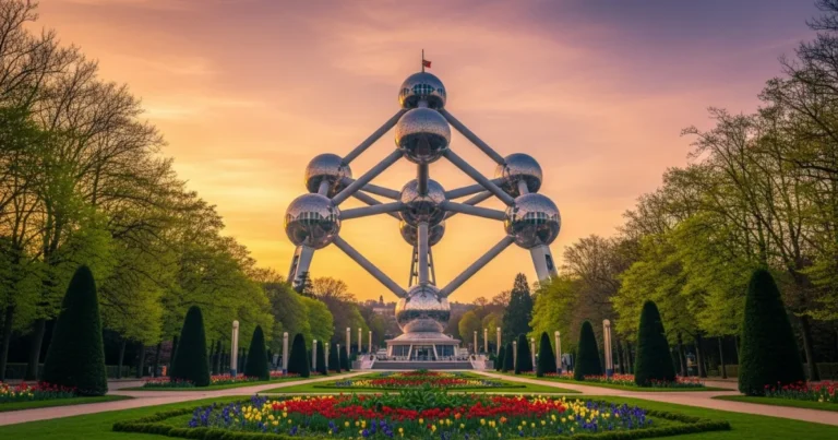 Laeken 1 The Atomium in Laeken surrounded by spring flowers at sunset