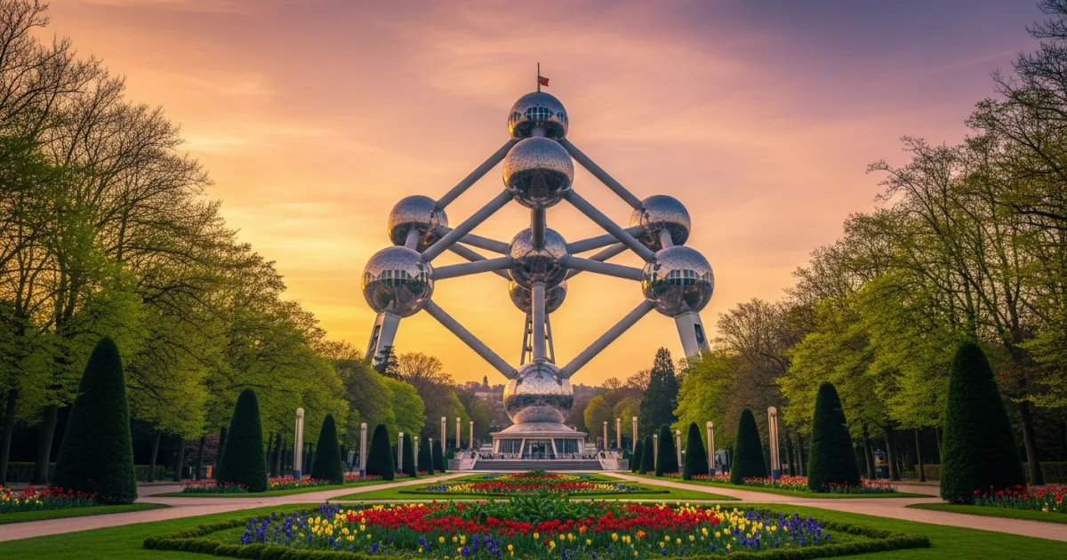 The Atomium in Laeken surrounded by spring flowers at sunset