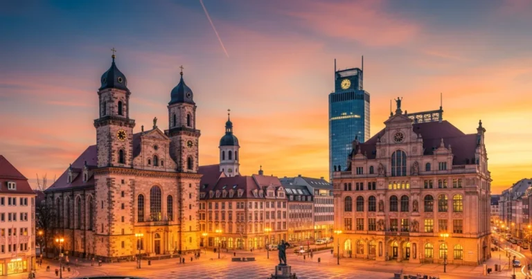 Leipzig 4 Panoramic view of the Leipzig skyline at sunset featuring historic and modern architecture