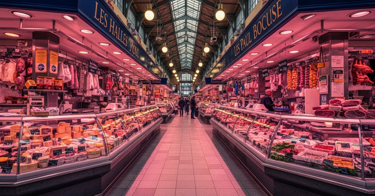 Interior view of Les Halles de Lyon Paul Bocuse food market