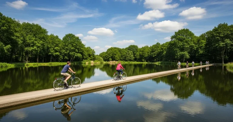 Limburg (Belgium) 3 Cyclists riding on the Cycling through Water path in Bokrijk, Limburg