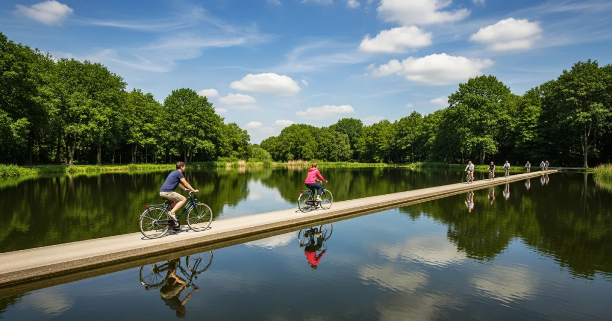 Cyclists riding on the Cycling through Water path in Bokrijk, Limburg
