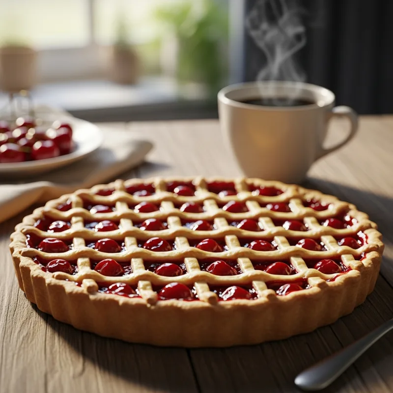 A traditional Limburgse vlaai cherry pie with a cup of coffee