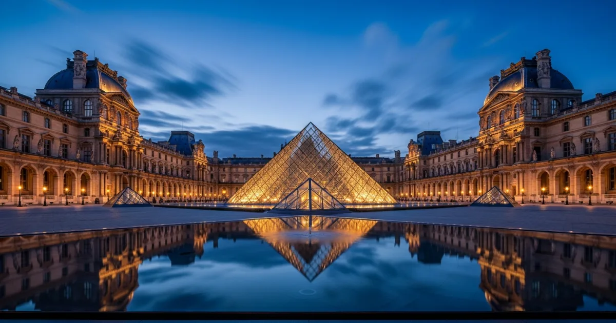 Travel Guides 7 The Louvre Museum glass pyramid illuminated at twilight in Paris