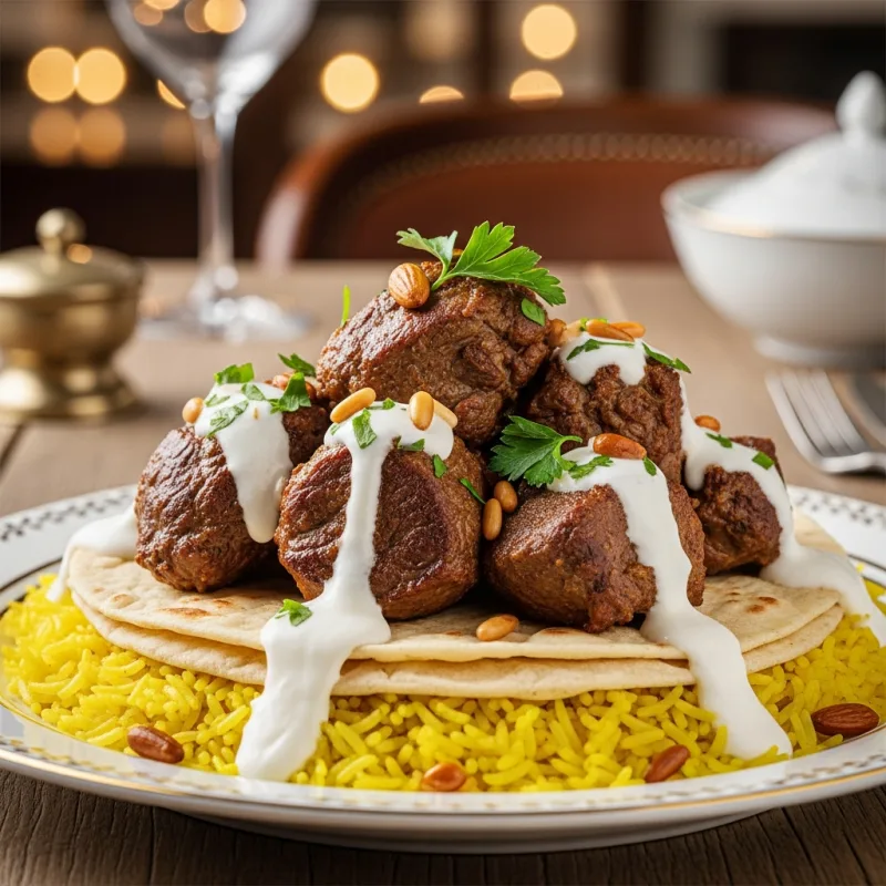 A traditional plate of Jordanian Mansaf with lamb, rice, and jameed sauce