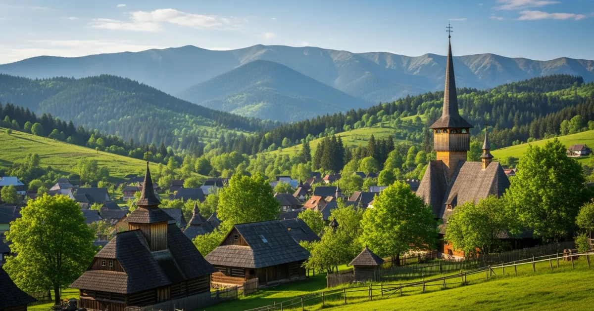 Panoramic view of a traditional Maramureș village with wooden houses and a church spire against a mountain backdrop