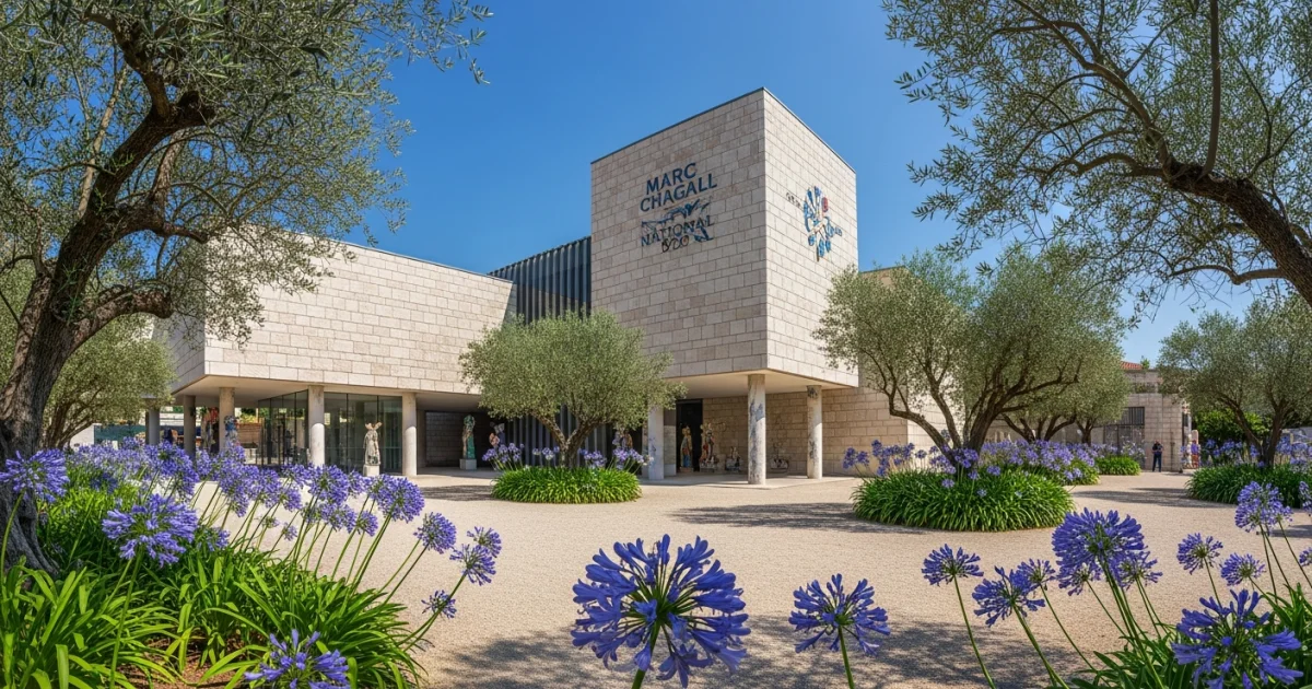 Exterior view of the Marc Chagall National Museum and its Mediterranean gardens in Nice, France.