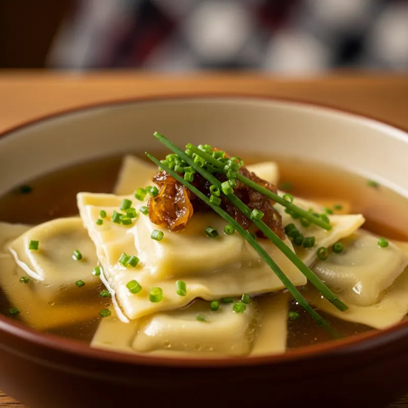 A bowl of traditional Swabian Maultaschen in clear broth