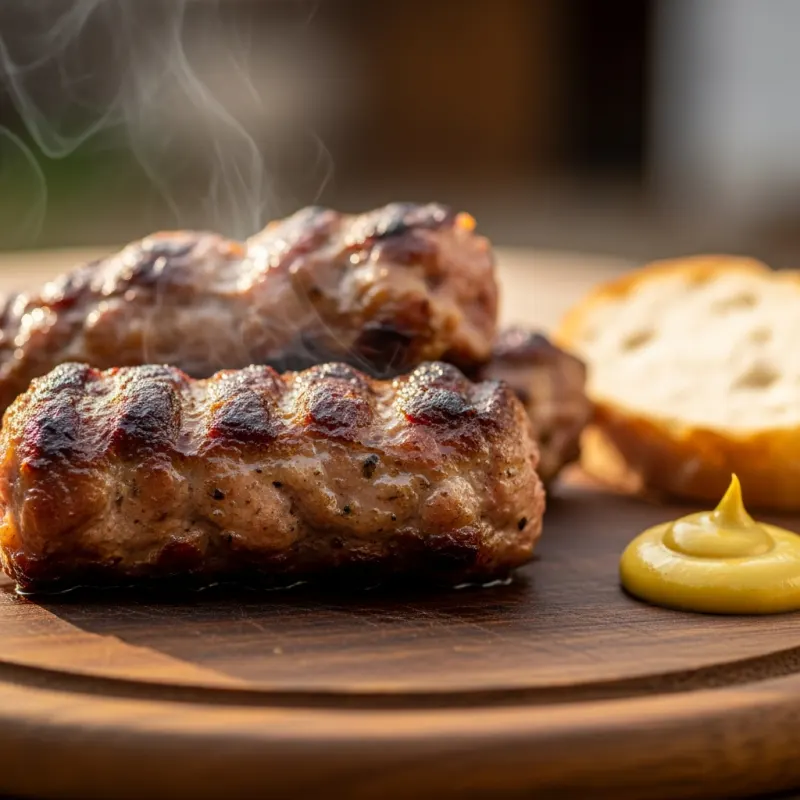 Grilled Romanian Mici (Mititei) with mustard and bread